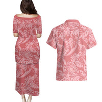 Tahiti Tarona Tiare Floral Couples Matching Puletasi and Hawaiian Shirt Monstera Palm Tropical Leaves LT01 - Polynesian Pride