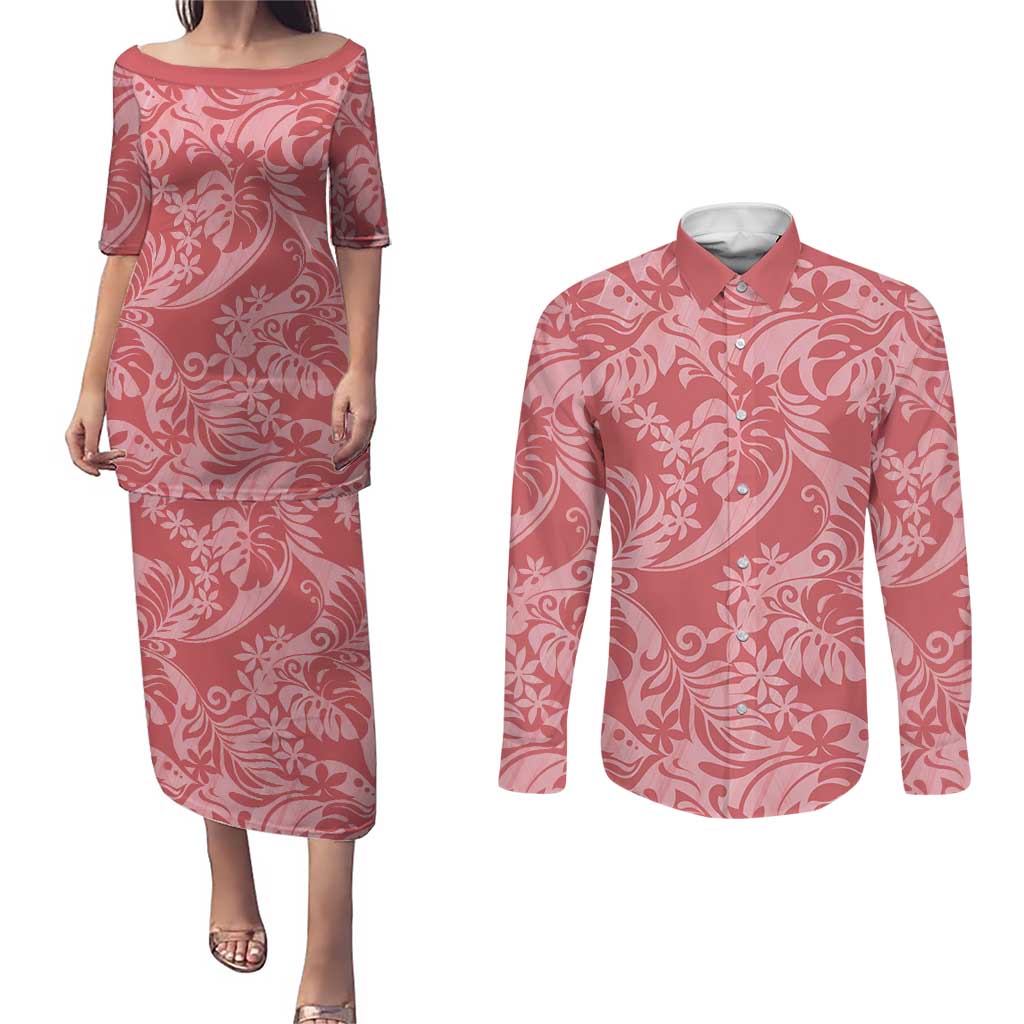Tahiti Tarona Tiare Floral Couples Matching Puletasi and Long Sleeve Button Shirt Monstera Palm Tropical Leaves LT01 Pink - Polynesian Pride