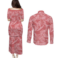 Tahiti Tarona Tiare Floral Couples Matching Puletasi and Long Sleeve Button Shirt Monstera Palm Tropical Leaves LT01 - Polynesian Pride