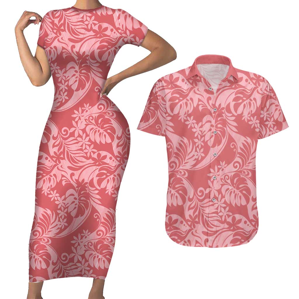 Tahiti Tarona Tiare Floral Couples Matching Short Sleeve Bodycon Dress and Hawaiian Shirt Monstera Palm Tropical Leaves LT01 Pink - Polynesian Pride