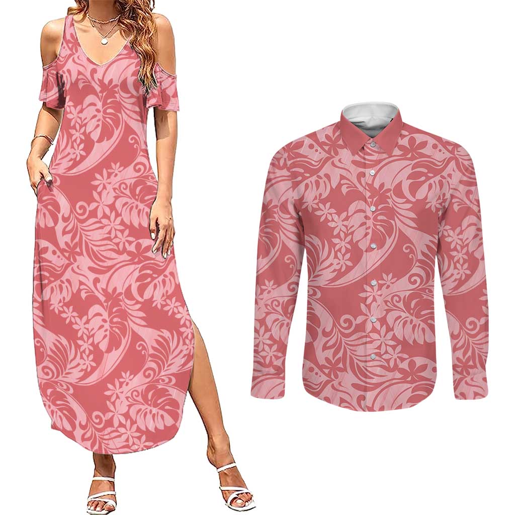 Tahiti Tarona Tiare Floral Couples Matching Summer Maxi Dress and Long Sleeve Button Shirt Monstera Palm Tropical Leaves - Polynesian Pride