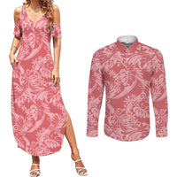 Tahiti Tarona Tiare Floral Couples Matching Summer Maxi Dress and Long Sleeve Button Shirt Monstera Palm Tropical Leaves LT01 Pink - Polynesian Pride
