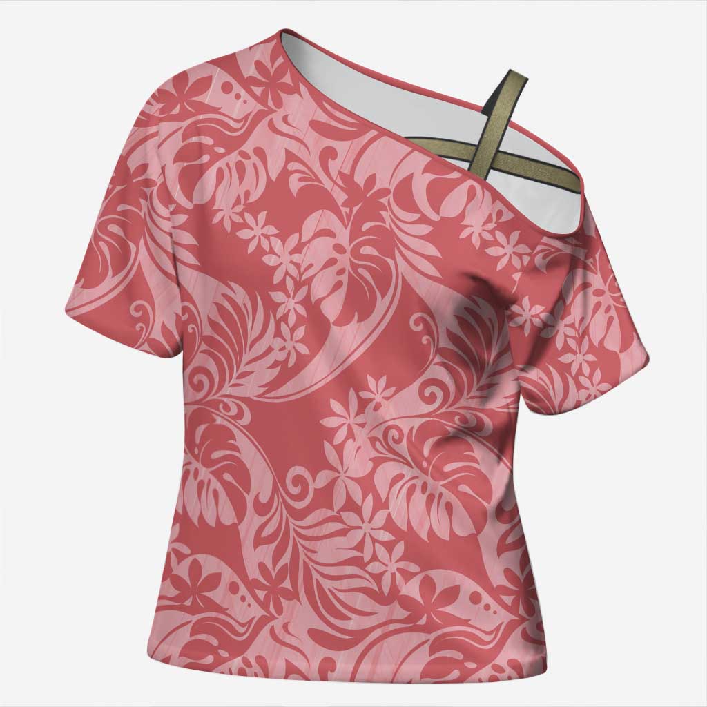 Tahiti Tarona Tiare Floral Cross Shoulder Shirt Monstera Palm Tropical Leaves - Polynesian Pride