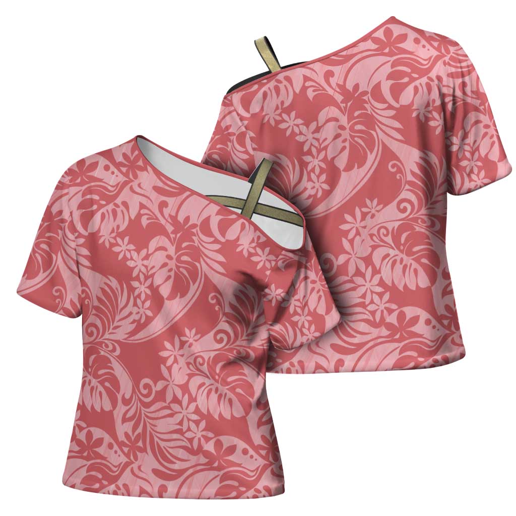 Tahiti Tarona Tiare Floral Cross Shoulder Shirt Monstera Palm Tropical Leaves LT01 - Polynesian Pride