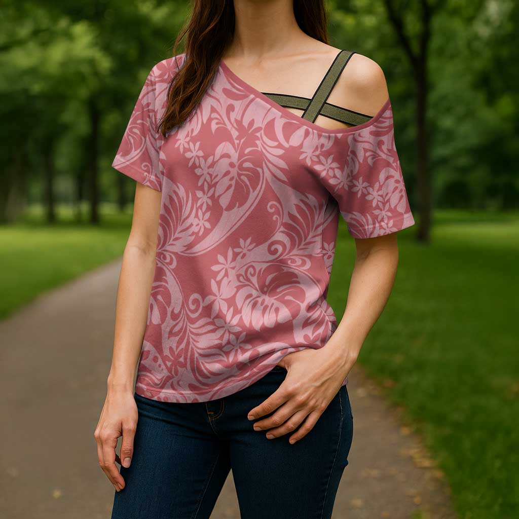 Tahiti Tarona Tiare Floral Cross Shoulder Shirt Monstera Palm Tropical Leaves LT01 - Polynesian Pride