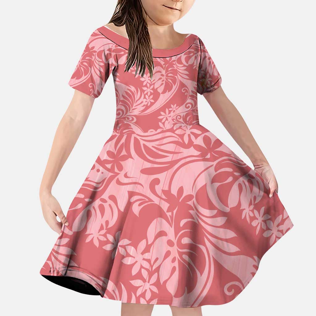 Tahiti Tarona Tiare Floral Family Matching Mermaid Dress and Hawaiian Shirt Monstera Palm Tropical Leaves LT01 Daughter's Dress Pink - Polynesian Pride