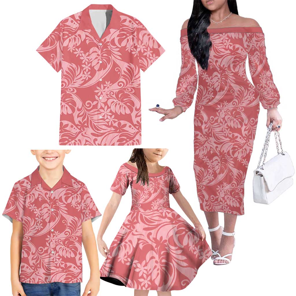 Tahiti Tarona Tiare Floral Family Matching Off The Shoulder Long Sleeve Dress and Hawaiian Shirt Monstera Palm Tropical Leaves LT01 - Polynesian Pride