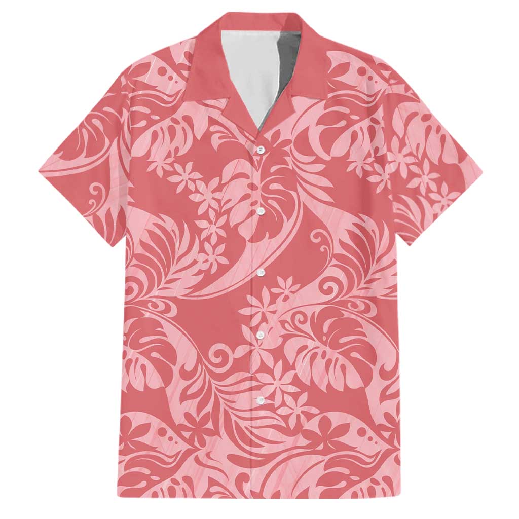 Tahiti Tarona Tiare Floral Family Matching Off The Shoulder Long Sleeve Dress and Hawaiian Shirt Monstera Palm Tropical Leaves LT01 Dad's Shirt - Short Sleeve Pink - Polynesian Pride