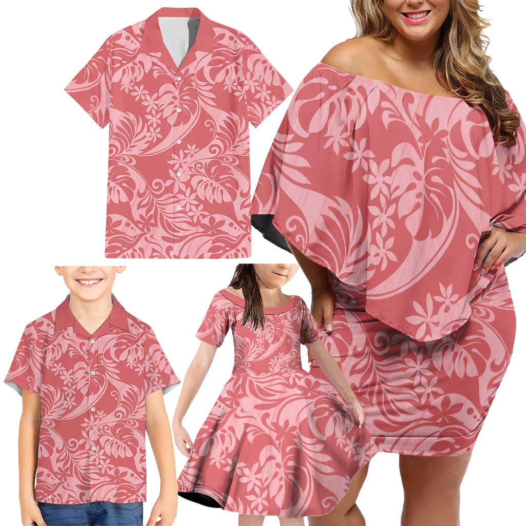 Tahiti Tarona Tiare Floral Family Matching Off Shoulder Short Dress and Hawaiian Shirt Monstera Palm Tropical Leaves - Polynesian Pride