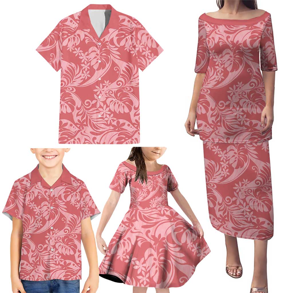 Tahiti Tarona Tiare Floral Family Matching Puletasi and Hawaiian Shirt Monstera Palm Tropical Leaves - Polynesian Pride