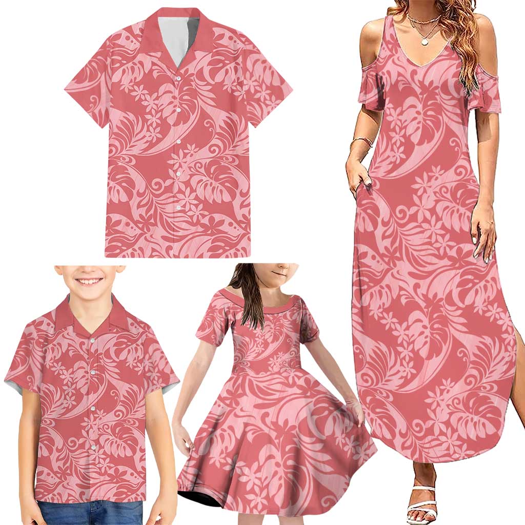 Tahiti Tarona Tiare Floral Family Matching Summer Maxi Dress and Hawaiian Shirt Monstera Palm Tropical Leaves - Polynesian Pride