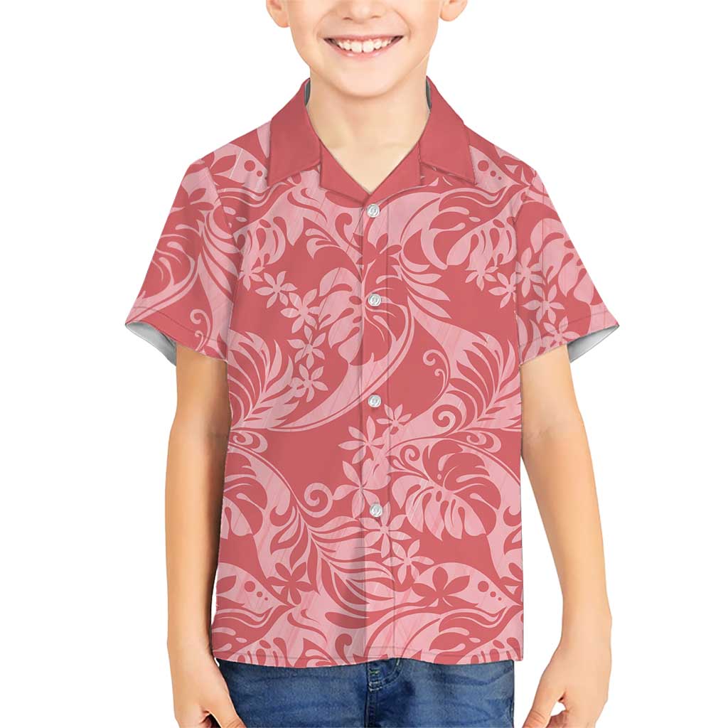 Tahiti Tarona Tiare Floral Family Matching Summer Maxi Dress and Hawaiian Shirt Monstera Palm Tropical Leaves LT01 Son's Shirt Pink - Polynesian Pride