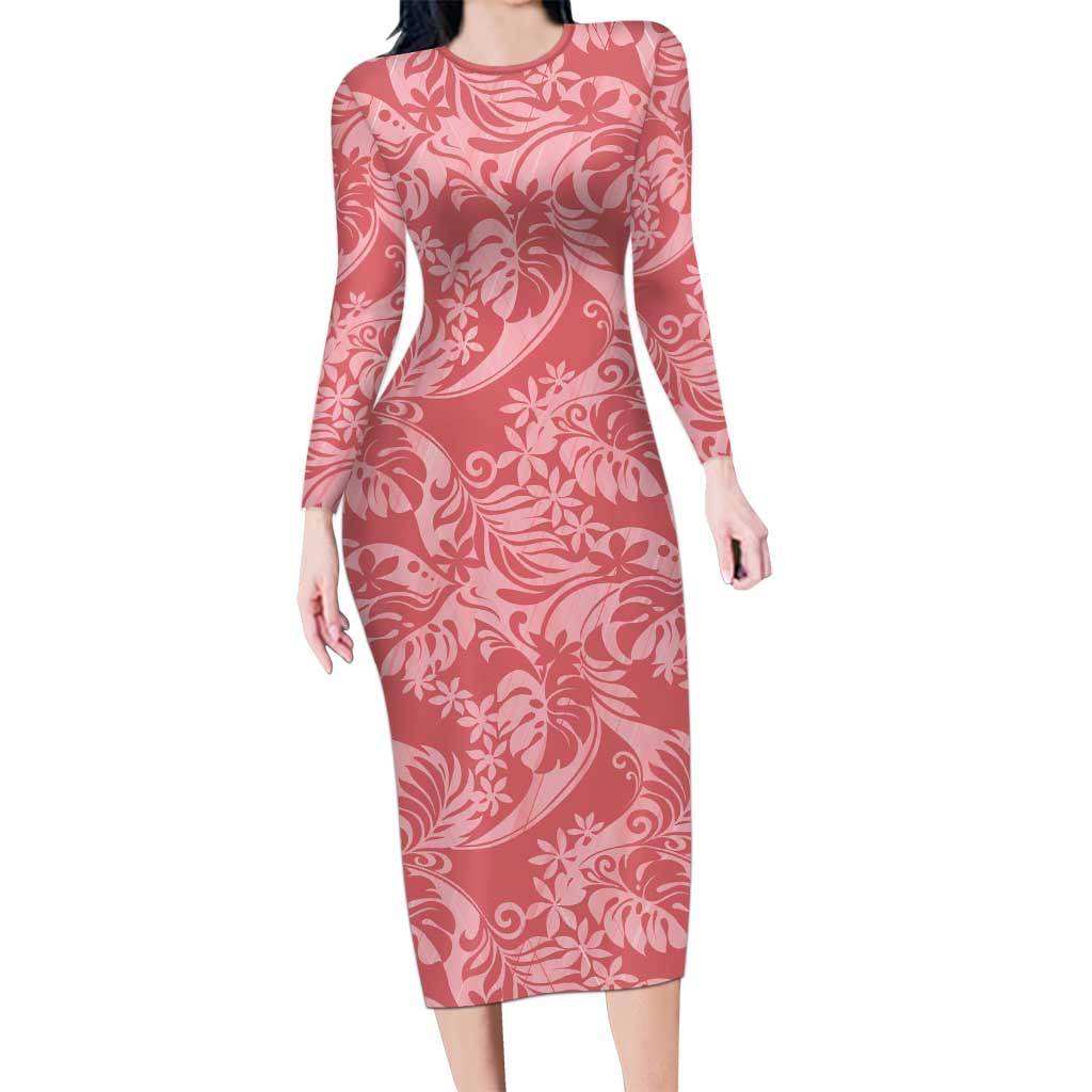 Tahiti Tarona Tiare Floral Long Sleeve Bodycon Dress Monstera Palm Tropical Leaves - Polynesian Pride