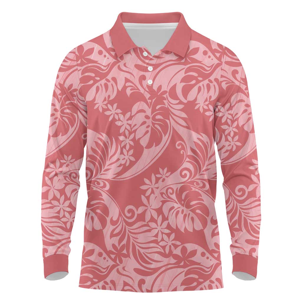 Tahiti Tarona Tiare Floral Long Sleeve Polo Shirt Monstera Palm Tropical Leaves LT01 Pink - Polynesian Pride