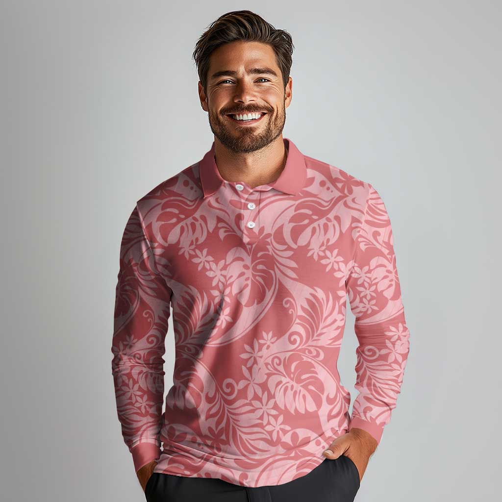 Tahiti Tarona Tiare Floral Long Sleeve Polo Shirt Monstera Palm Tropical Leaves LT01 - Polynesian Pride