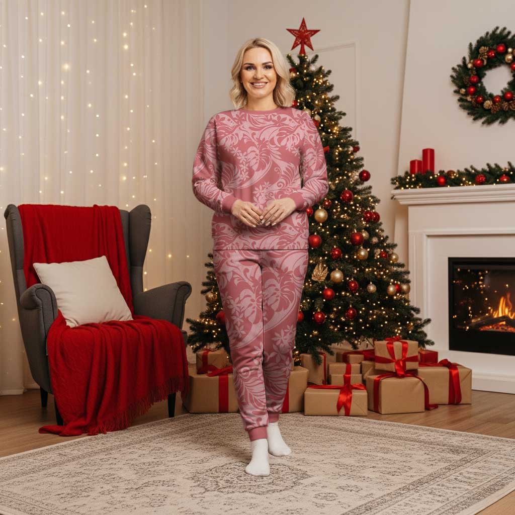 Tahiti Tarona Tiare Floral Christmas Pajama Set Monstera Palm Tropical Leaves LT01 Women Pink - Polynesian Pride
