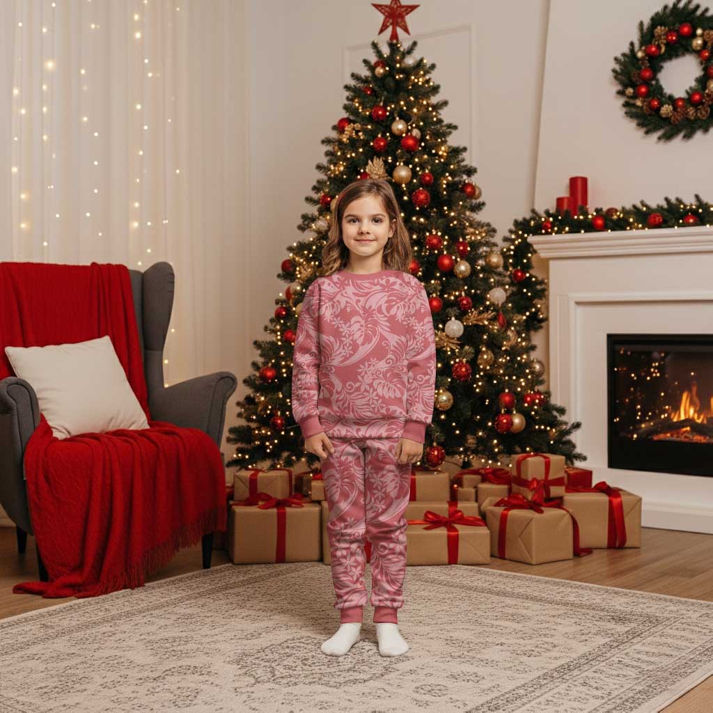 Tahiti Tarona Tiare Floral Christmas Pajama Set Monstera Palm Tropical Leaves LT01 Kid Pink - Polynesian Pride