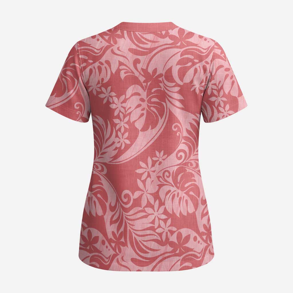 Tahiti Tarona Tiare Floral Scrub Top Monstera Palm Tropical Leaves - Polynesian Pride