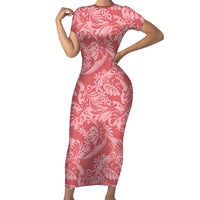 Tahiti Tarona Tiare Floral Short Sleeve Bodycon Dress Monstera Palm Tropical Leaves LT01 Long Dress Pink - Polynesian Pride