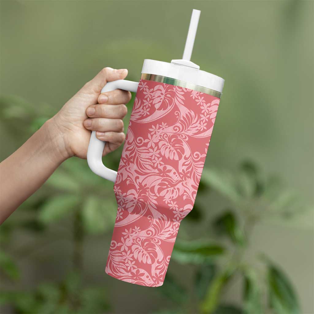 Tahiti Tarona Tiare Floral Tumbler With Handle Monstera Palm Tropical Leaves - Polynesian Pride