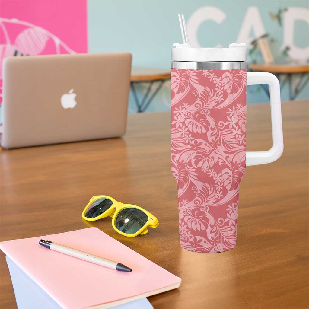 Tahiti Tarona Tiare Floral Tumbler With Handle Monstera Palm Tropical Leaves - Polynesian Pride