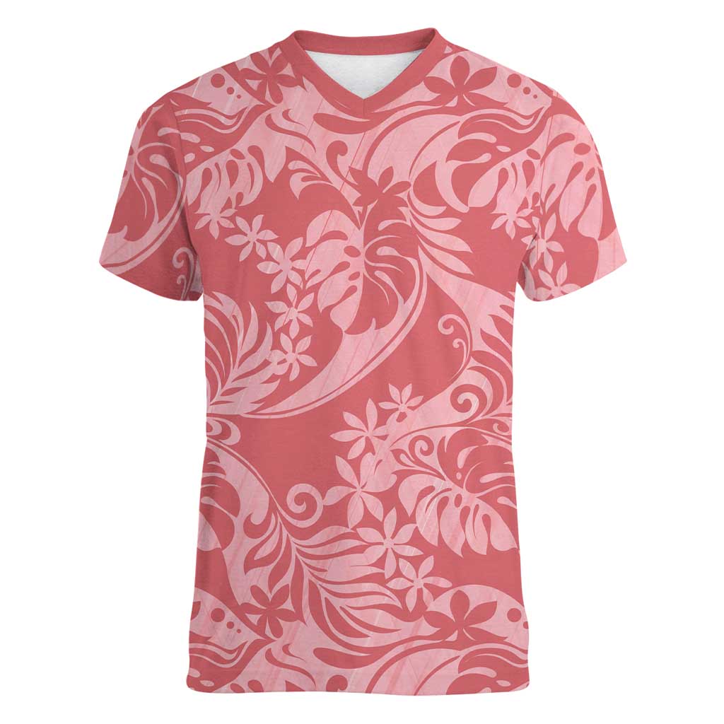 Tahiti Tarona Tiare Floral Women V-Neck T-Shirt Monstera Palm Tropical Leaves - Polynesian Pride