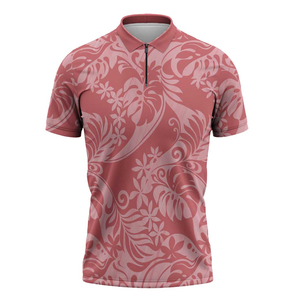 Tahiti Tarona Tiare Floral Zipper Polo Shirt Monstera Palm Tropical Leaves LT01 Pink - Polynesian Pride