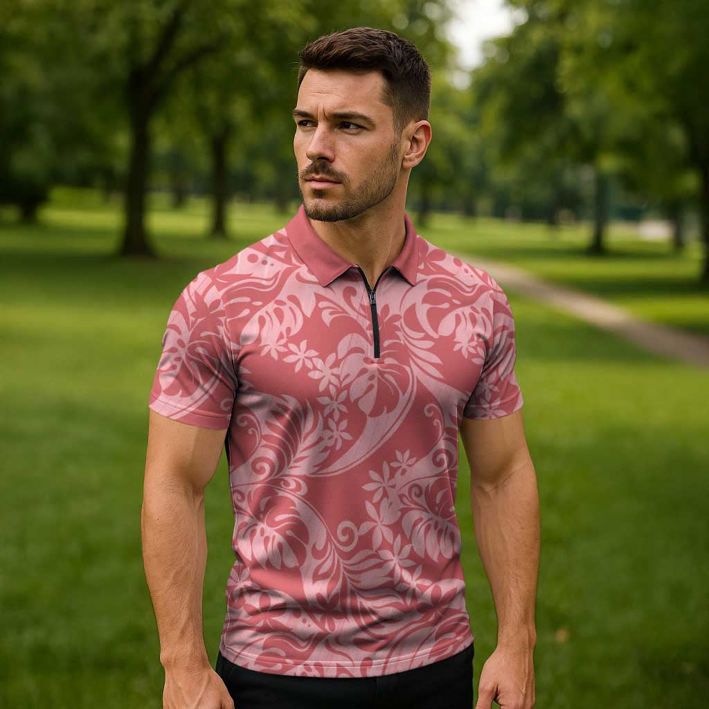 Tahiti Tarona Tiare Floral Zipper Polo Shirt Monstera Palm Tropical Leaves LT01 - Polynesian Pride