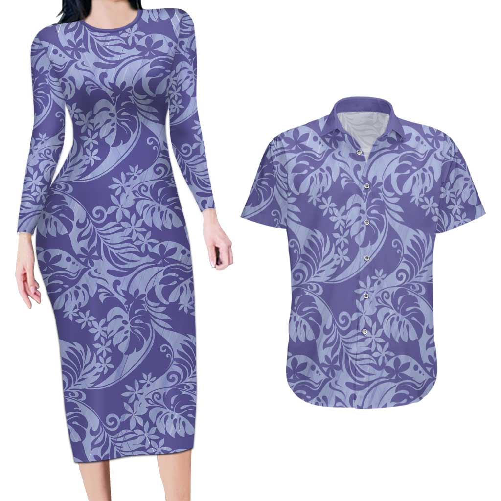 Tahiti Vareau Tiare Floral Couples Matching Long Sleeve Bodycon Dress and Hawaiian Shirt Monstera Palm Tropical Leaves LT01 Purple - Polynesian Pride