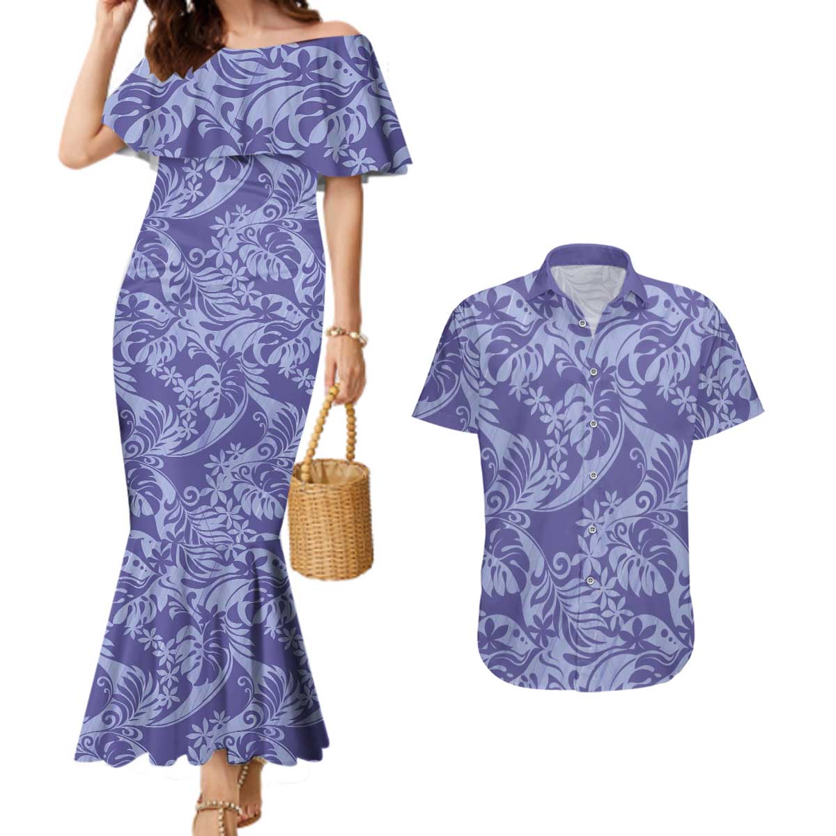Tahiti Vareau Tiare Floral Couples Matching Mermaid Dress and Hawaiian Shirt Monstera Palm Tropical Leaves - Polynesian Pride
