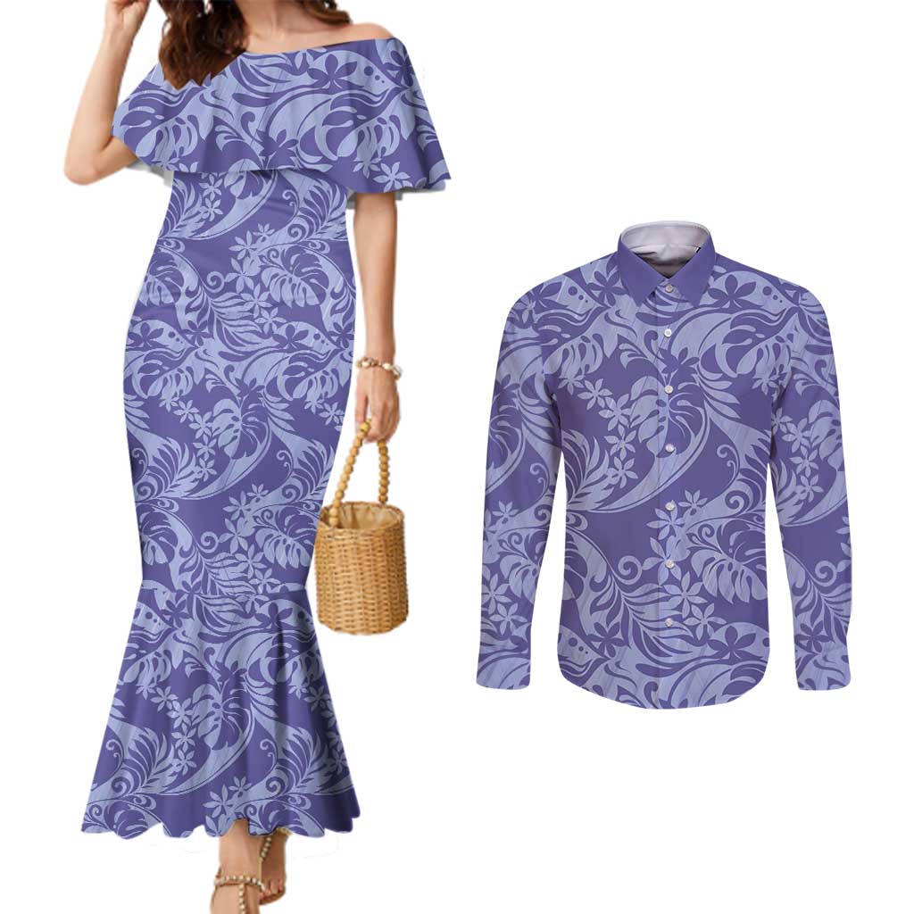 Tahiti Vareau Tiare Floral Couples Matching Mermaid Dress and Long Sleeve Button Shirt Monstera Palm Tropical Leaves - Polynesian Pride