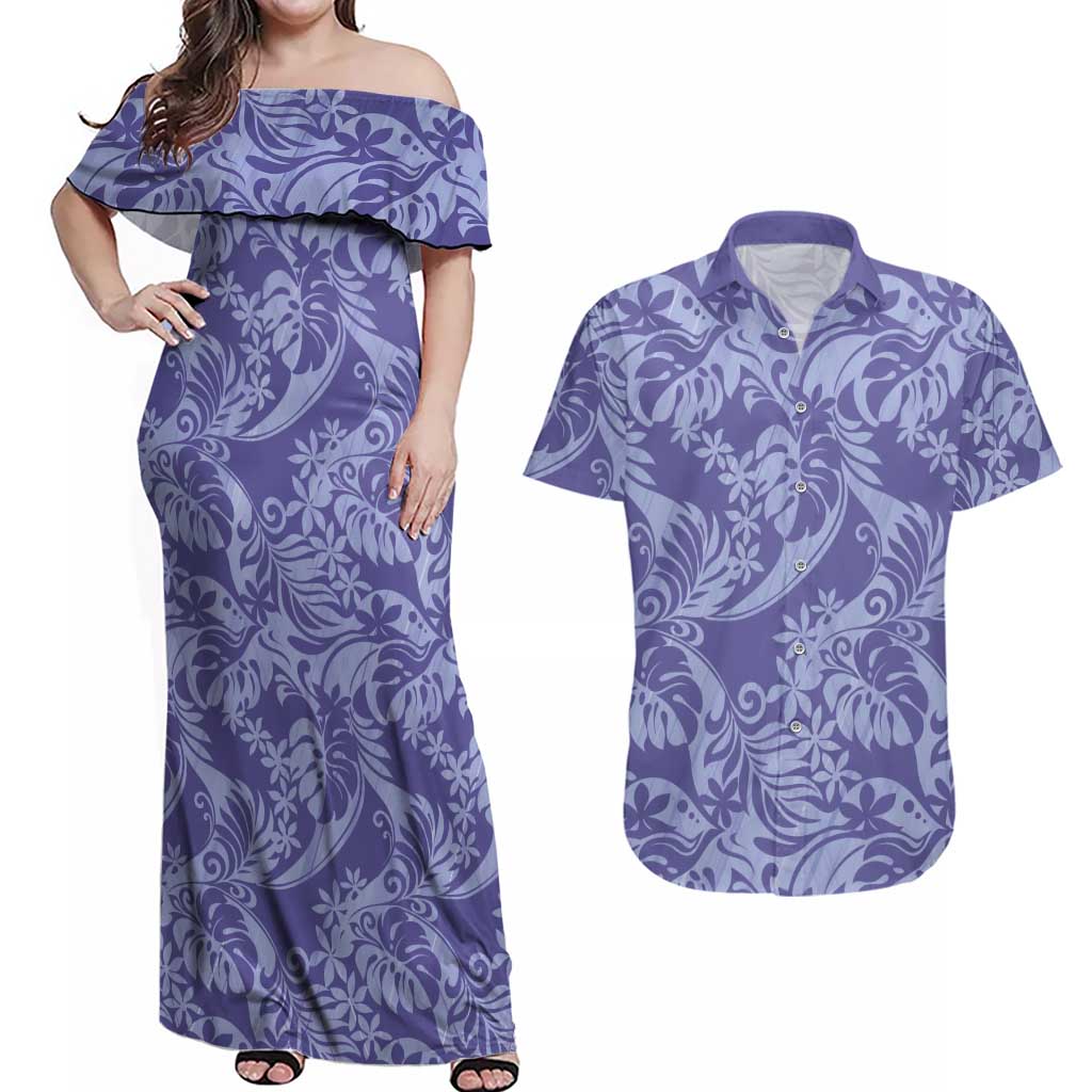 Tahiti Vareau Tiare Floral Couples Matching Off Shoulder Maxi Dress and Hawaiian Shirt Monstera Palm Tropical Leaves - Polynesian Pride
