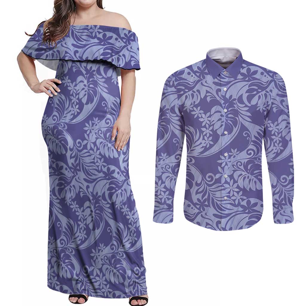 Tahiti Vareau Tiare Floral Couples Matching Off Shoulder Maxi Dress and Long Sleeve Button Shirt Monstera Palm Tropical Leaves LT01 Purple - Polynesian Pride