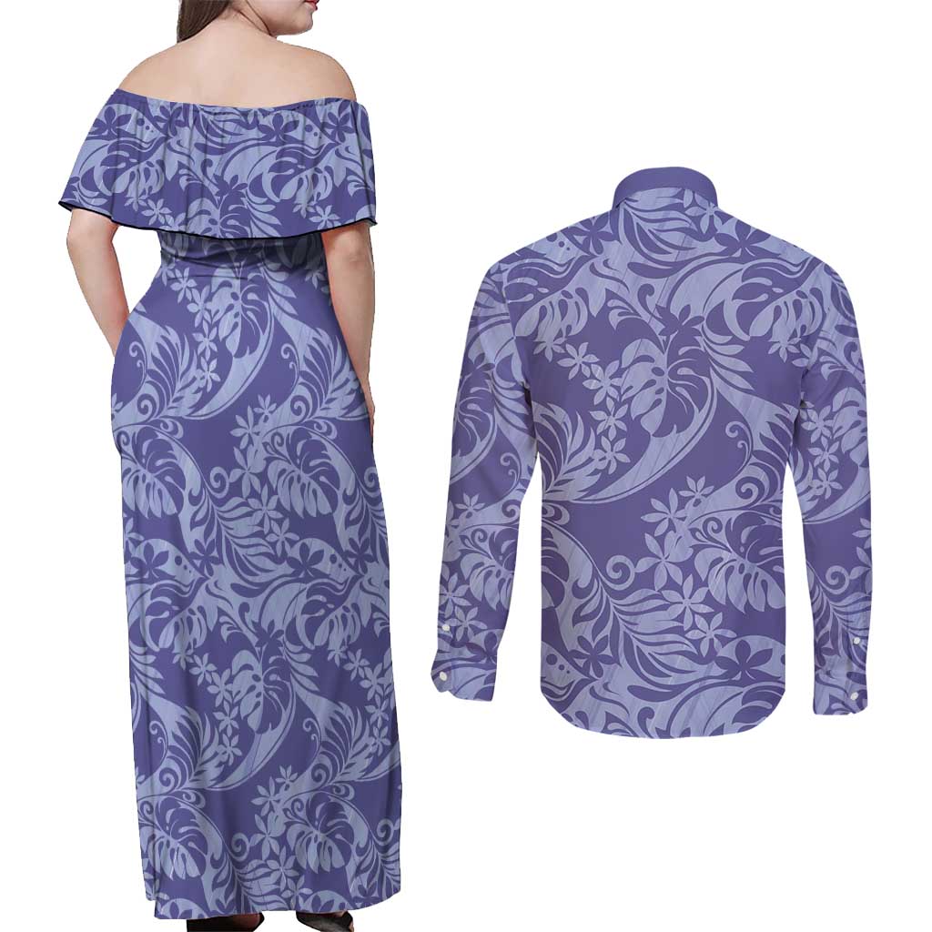 Tahiti Vareau Tiare Floral Couples Matching Off Shoulder Maxi Dress and Long Sleeve Button Shirt Monstera Palm Tropical Leaves LT01 - Polynesian Pride