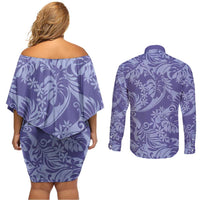 Tahiti Vareau Tiare Floral Couples Matching Off Shoulder Short Dress and Long Sleeve Button Shirt Monstera Palm Tropical Leaves LT01 - Polynesian Pride