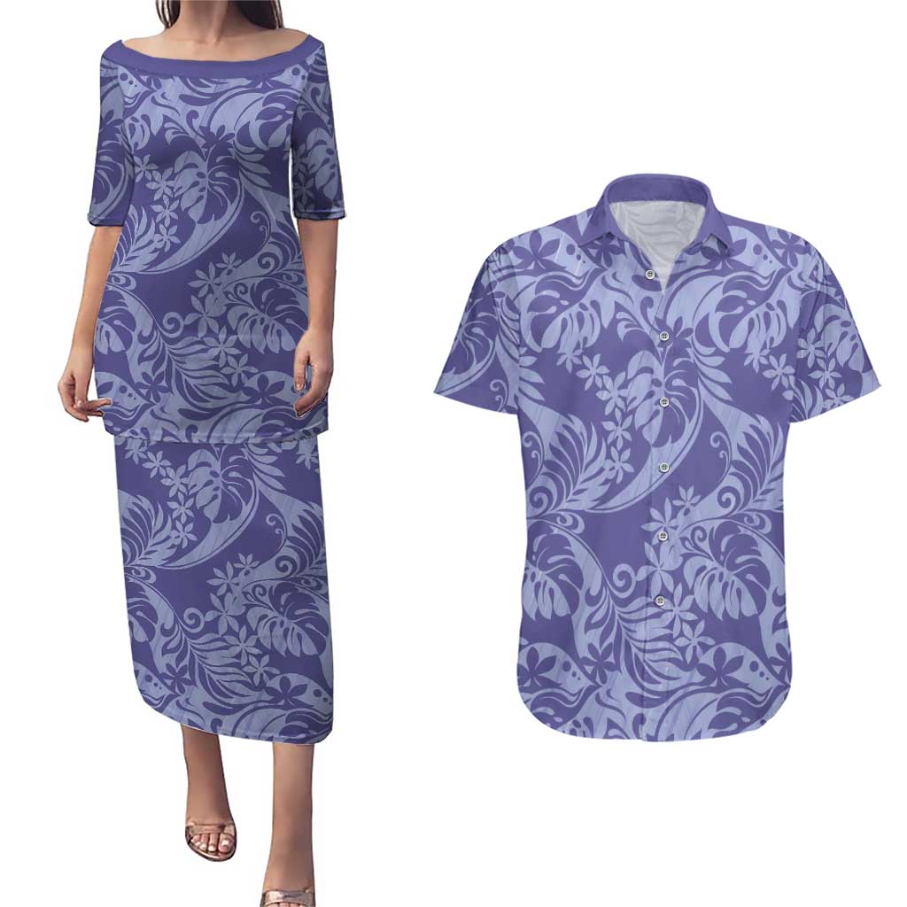Tahiti Vareau Tiare Floral Couples Matching Puletasi and Hawaiian Shirt Monstera Palm Tropical Leaves LT01 Purple - Polynesian Pride