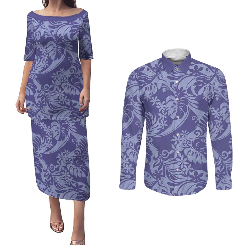 Tahiti Vareau Tiare Floral Couples Matching Puletasi and Long Sleeve Button Shirt Monstera Palm Tropical Leaves LT01 Purple - Polynesian Pride