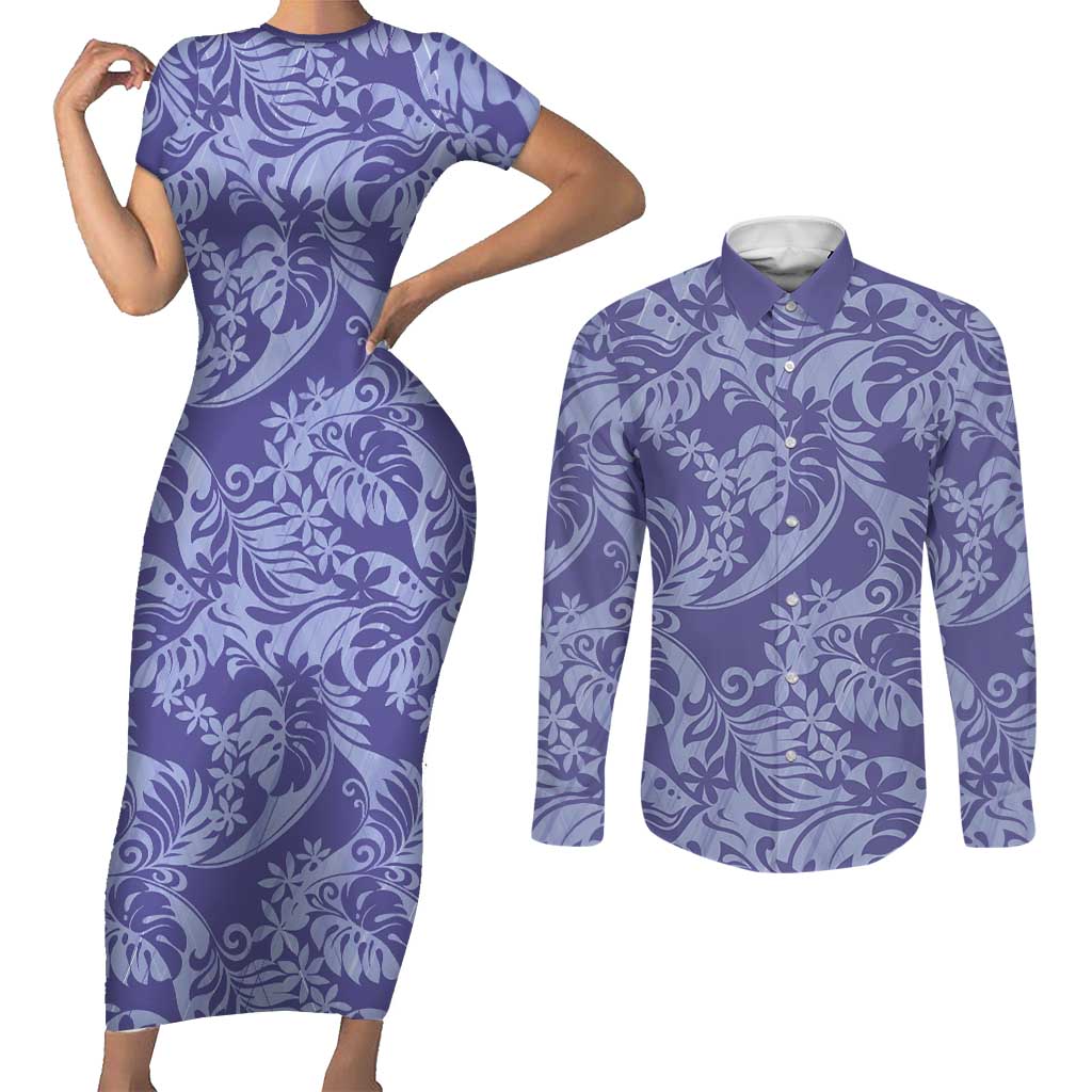 Tahiti Vareau Tiare Floral Couples Matching Short Sleeve Bodycon Dress and Long Sleeve Button Shirt Monstera Palm Tropical Leaves LT01 Purple - Polynesian Pride