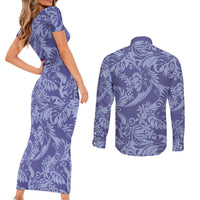 Tahiti Vareau Tiare Floral Couples Matching Short Sleeve Bodycon Dress and Long Sleeve Button Shirt Monstera Palm Tropical Leaves LT01 - Polynesian Pride