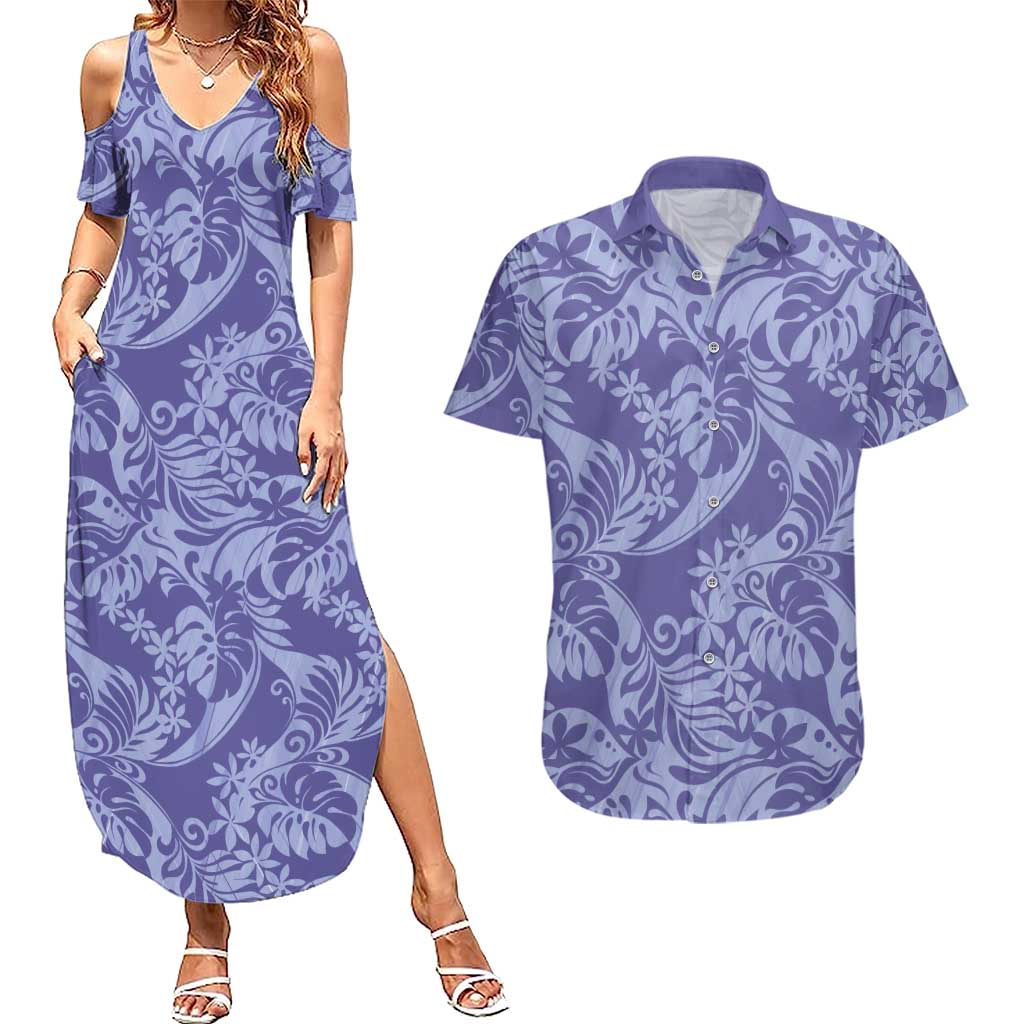 Tahiti Vareau Tiare Floral Couples Matching Summer Maxi Dress and Hawaiian Shirt Monstera Palm Tropical Leaves LT01 Purple - Polynesian Pride