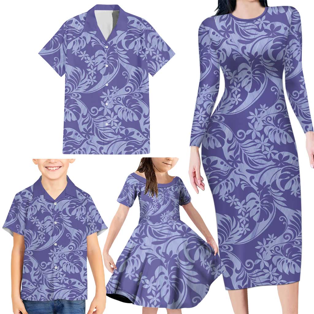 Tahiti Vareau Tiare Floral Family Matching Long Sleeve Bodycon Dress and Hawaiian Shirt Monstera Palm Tropical Leaves - Polynesian Pride