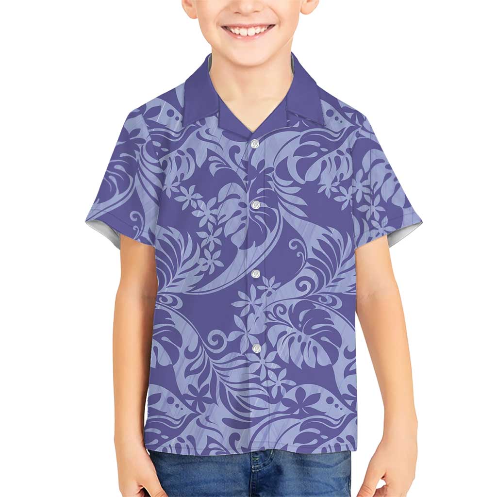 Tahiti Vareau Tiare Floral Family Matching Off Shoulder Maxi Dress and Hawaiian Shirt Monstera Palm Tropical Leaves LT01 Son's Shirt Purple - Polynesian Pride