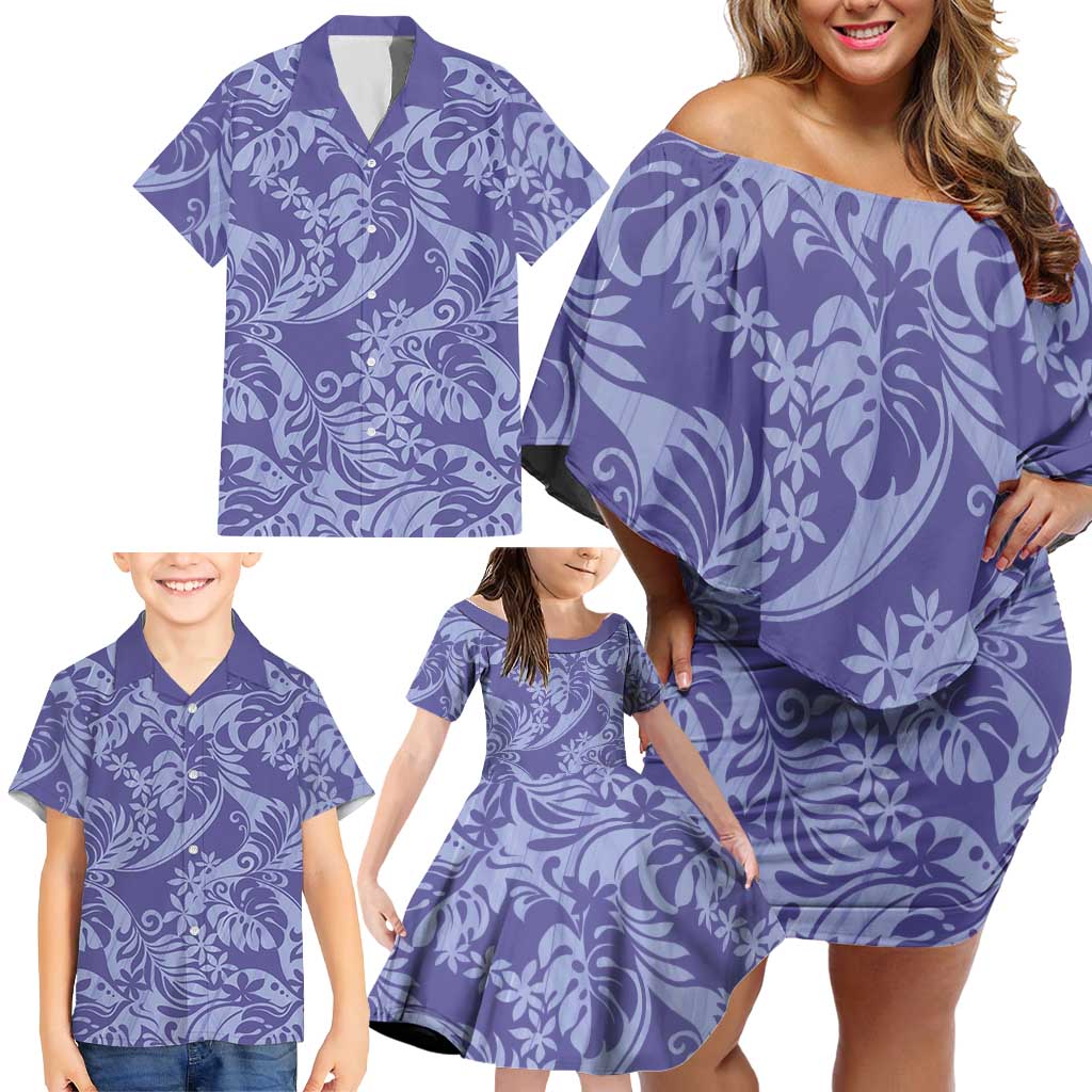 Tahiti Vareau Tiare Floral Family Matching Off Shoulder Short Dress and Hawaiian Shirt Monstera Palm Tropical Leaves - Polynesian Pride