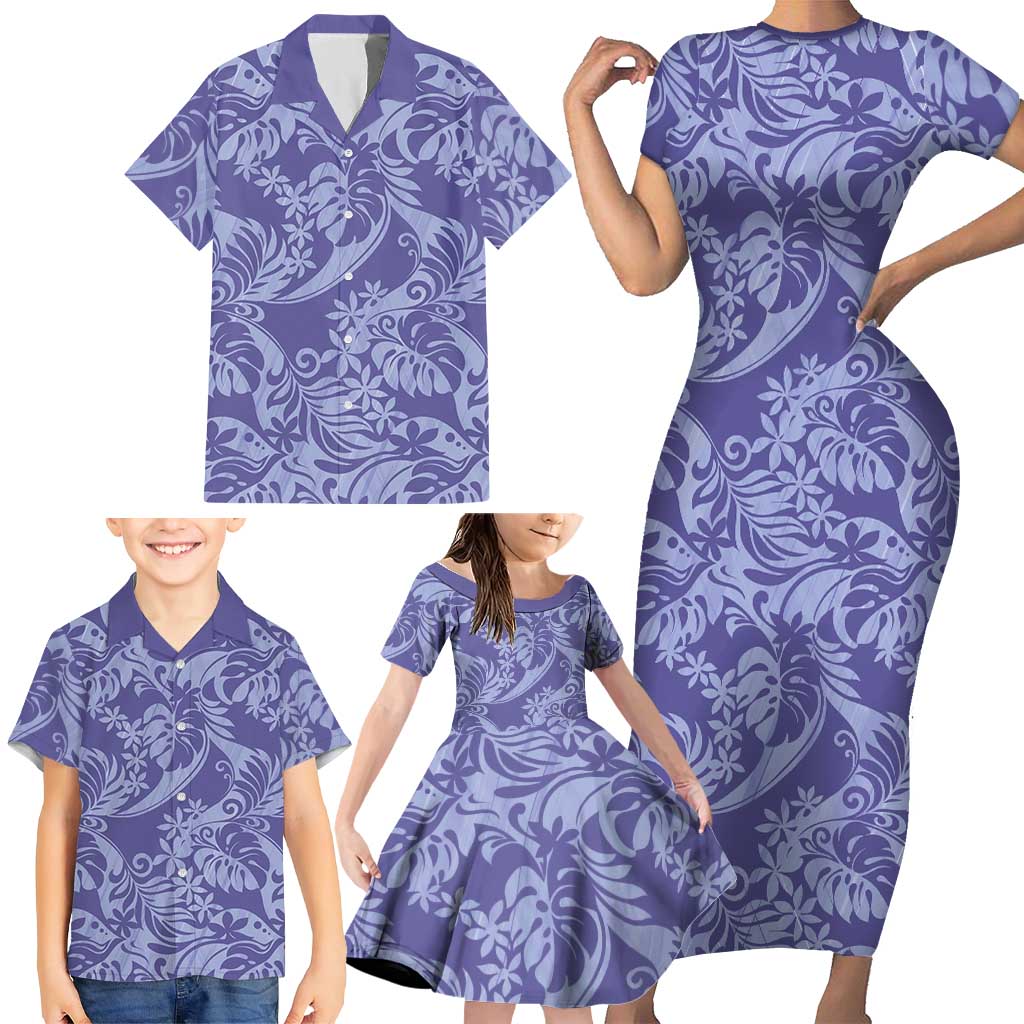Tahiti Vareau Tiare Floral Family Matching Short Sleeve Bodycon Dress and Hawaiian Shirt Monstera Palm Tropical Leaves - Polynesian Pride