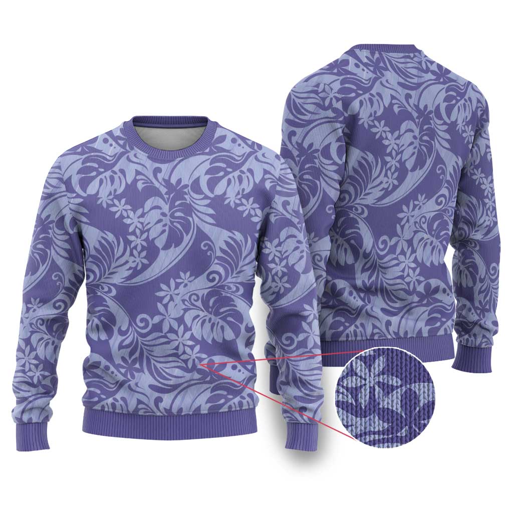 Tahiti Vareau Tiare Floral Ugly Christmas Sweater Monstera Palm Tropical Leaves LT01 Purple - Polynesian Pride