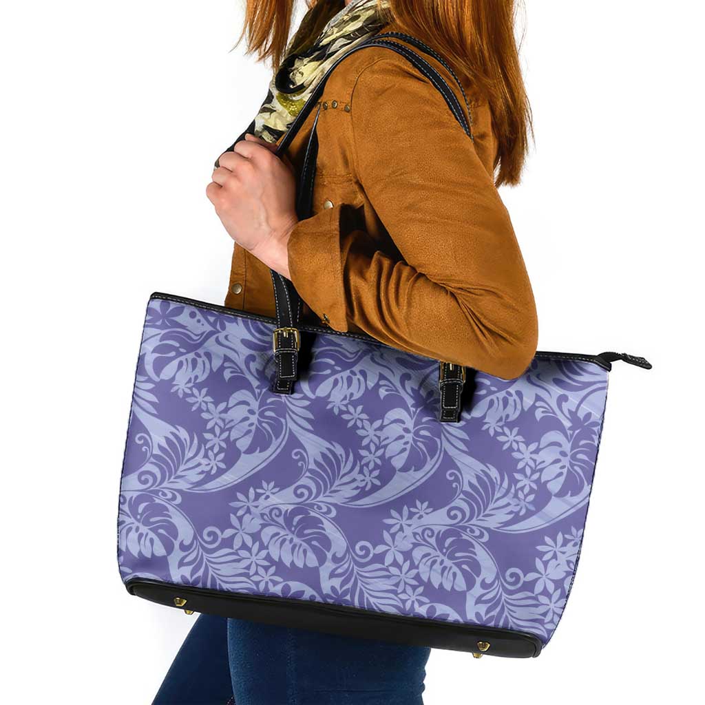 Tahiti Vareau Tiare Floral Leather Tote Bag Monstera Palm Tropical Leaves LT01 Purple - Polynesian Pride