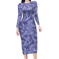 Tahiti Vareau Tiare Floral Long Sleeve Bodycon Dress Monstera Palm Tropical Leaves LT01 Long Dress Purple - Polynesian Pride