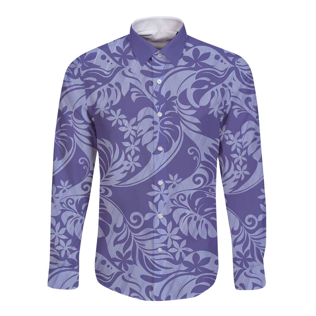 Tahiti Vareau Tiare Floral Long Sleeve Button Shirt Monstera Palm Tropical Leaves LT01 Unisex Purple - Polynesian Pride