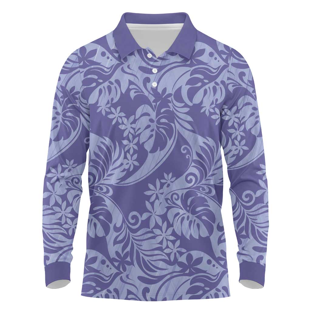Tahiti Vareau Tiare Floral Long Sleeve Polo Shirt Monstera Palm Tropical Leaves LT01 Purple - Polynesian Pride