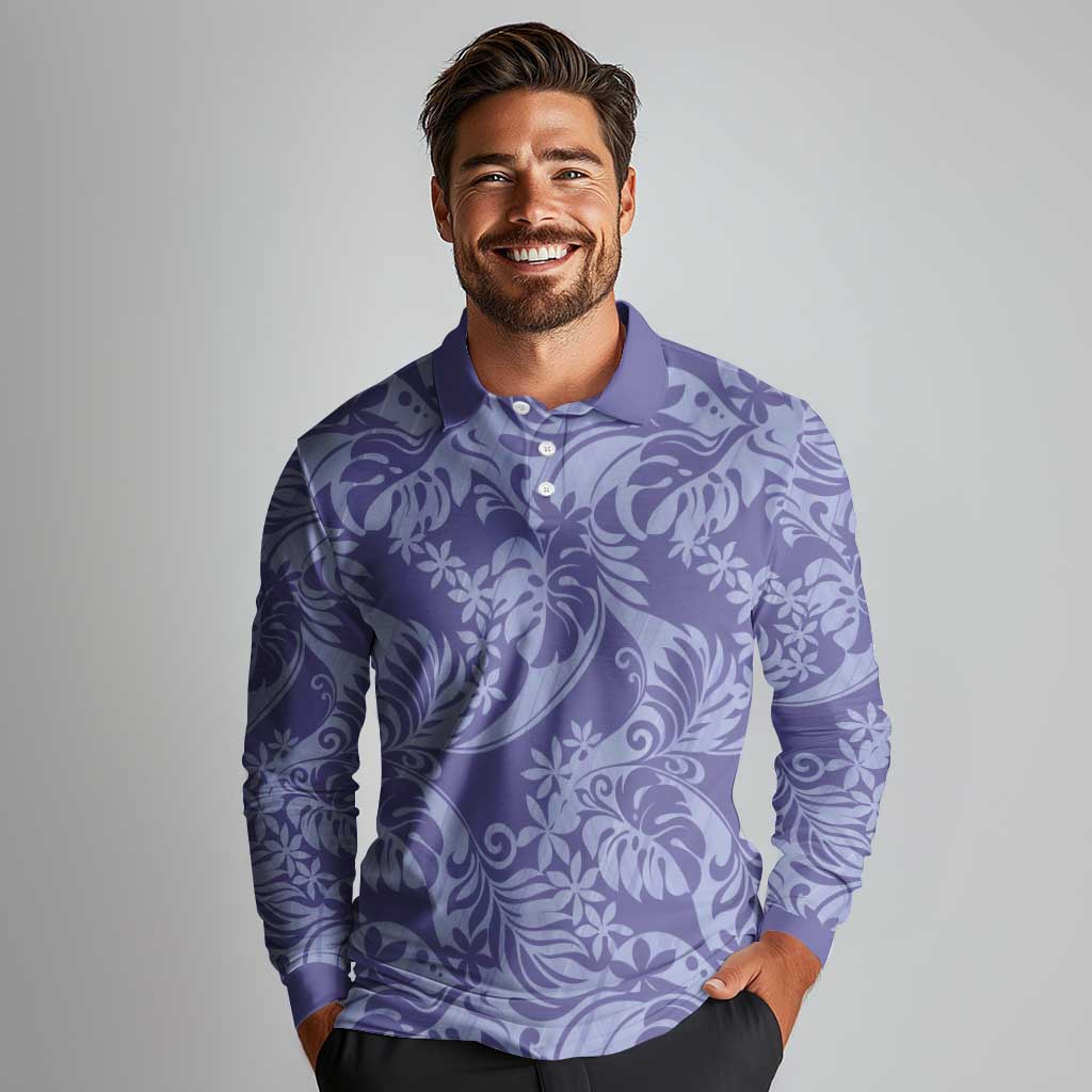 Tahiti Vareau Tiare Floral Long Sleeve Polo Shirt Monstera Palm Tropical Leaves LT01 - Polynesian Pride